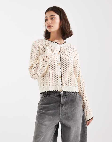 Miss Selfridge open knit cardigan in cream with black tipping