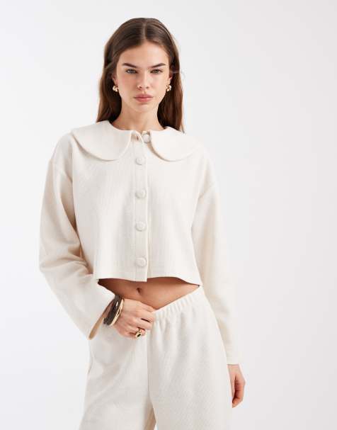 Miss Selfridge – Kremowy prążkowany miękki kardigan z kołnierzykiem pensjonarki, część zestawu - view 1