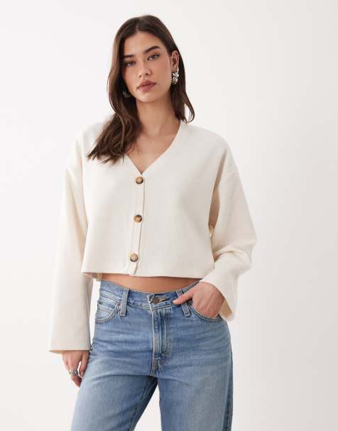 Miss Selfridge – Kremowy szczotkowany prążkowany kardigan z dekoltem w szpic - view 1