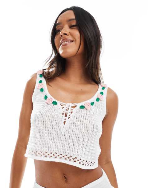 Miss Selfridge floral crochet tie detail vest top in cream