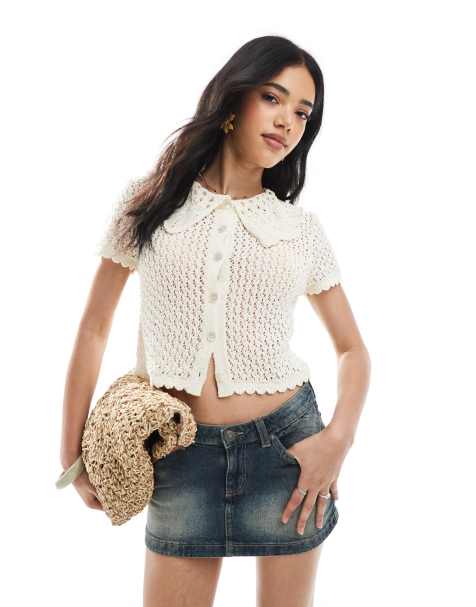 Miss Selfridge knitted pointelle button up top in cream