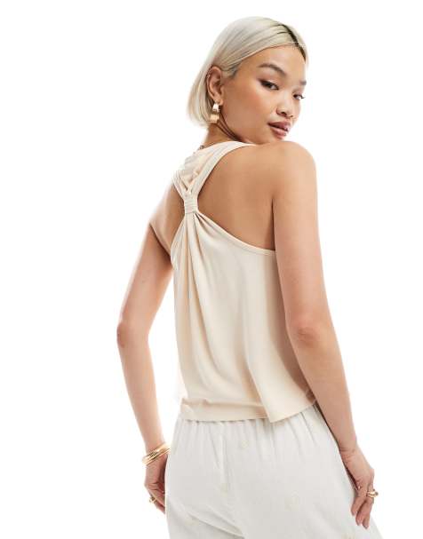 Miss Selfridge knot back floaty racer vest in cream