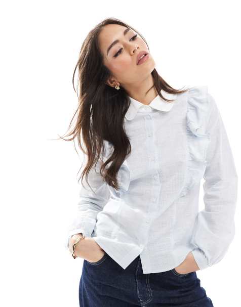 Miss Selfridge – Kritstrecksrandig skjorta i poplin med volang - view 1