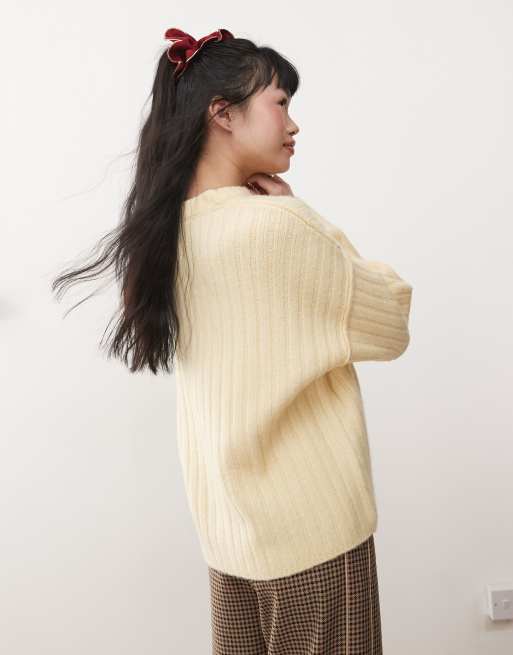 Miss Selfridge - Kærnemælksfarvet cardigan med ribber i oversized pasform, 4 af 4