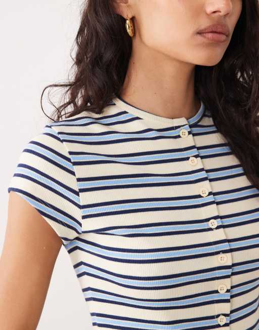 Miss Selfridge - Kærnemælksgul stribet og tætsiddende samt kortærmet top med knapper, 3 af 4