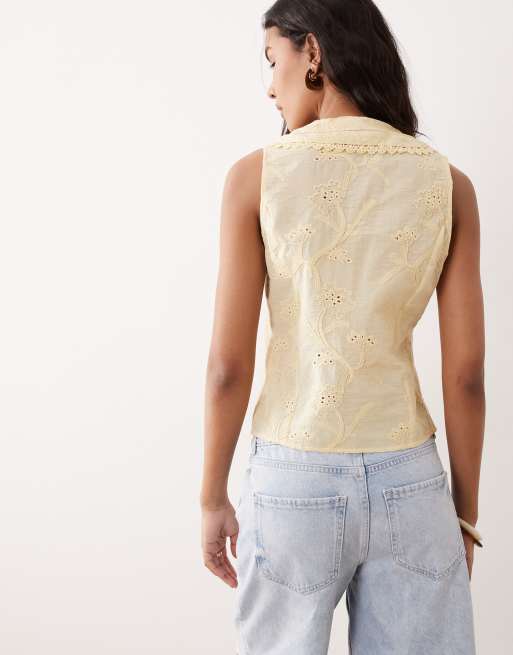 Miss Selfridge - Kærnemælksgul vest med broderi og bindebånd foran, 4 af 4