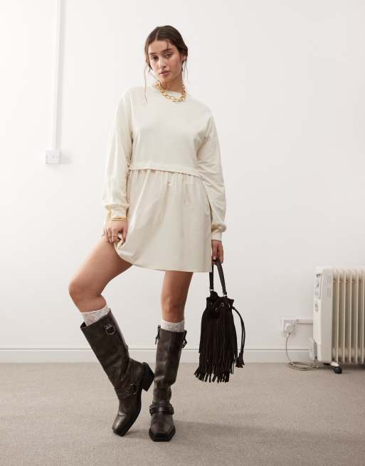 Miss Selfridge - Kærnemælkshvid smock-kjole i poplin- og jerseyblanding