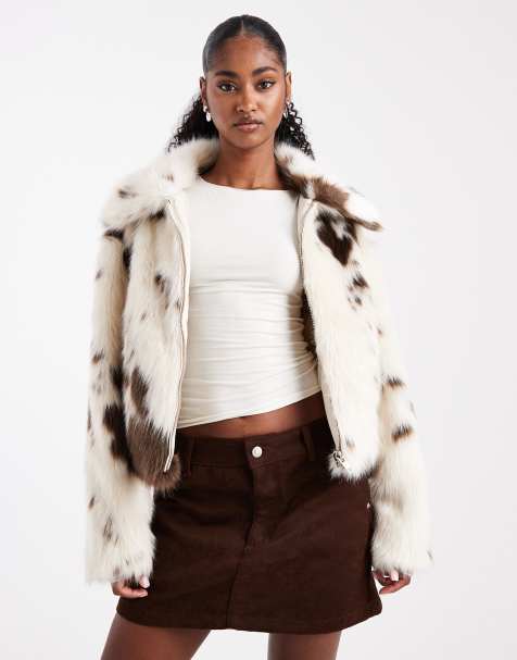 Miss Selfridge faux fur collar bomber jacket in cow print