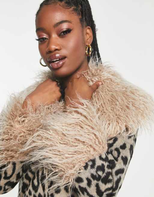 Miss Selfridge – Kurtka w panterkę z wykończeniem ze sztucznego futra 