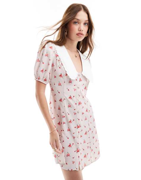 Miss Selfridge – Kurzärmliges, gemustertes Minikleid in Rosa mit Kragen - view 1