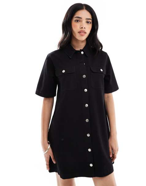 Miss Selfridge – Kurzärmliges Jeans-Hemdkleid in schwarzer Waschung mit Oversize-Schnitt - view 1