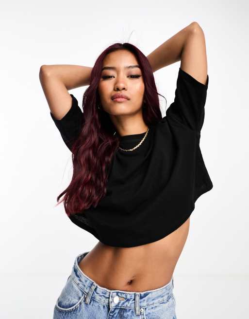 Miss Selfridge – Kurzärmliges, kastiges Oversize-T-Shirt in Schwarz mit kurzem Schnitt und Ziernaht