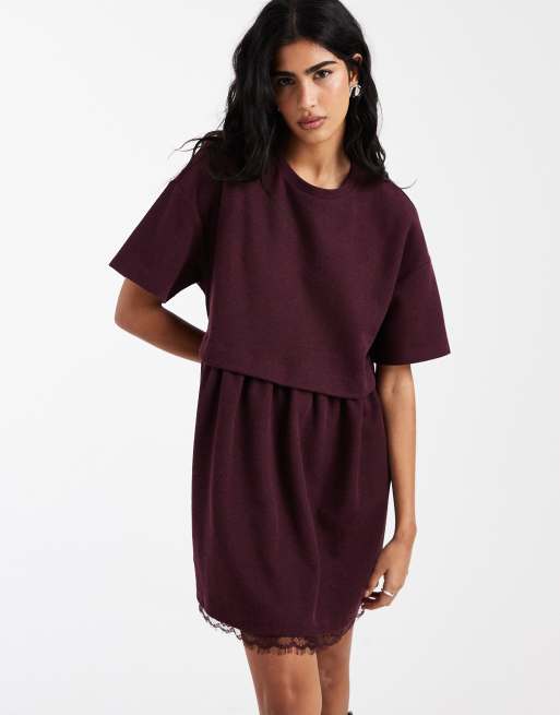 Miss Selfridge – Kurzärmliges, mehrlagiges Hängerkleid in Pflaume mit Spitzensaum, 4 von 4
