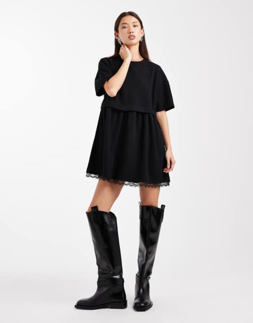 Miss Selfridge – Kurzärmliges, mehrlagiges Hängerkleid in Schwarz mit Spitzensaum, 2 von 4