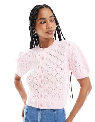 Miss Selfridge - Kurzärmliges Oberteil aus Pointelle-Strick in Rosa mit kurzem Puffärmeln