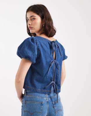 Miss Selfridge - Kurzärmliges Oberteil mit Schnürung in mittlerer Waschung-Blau