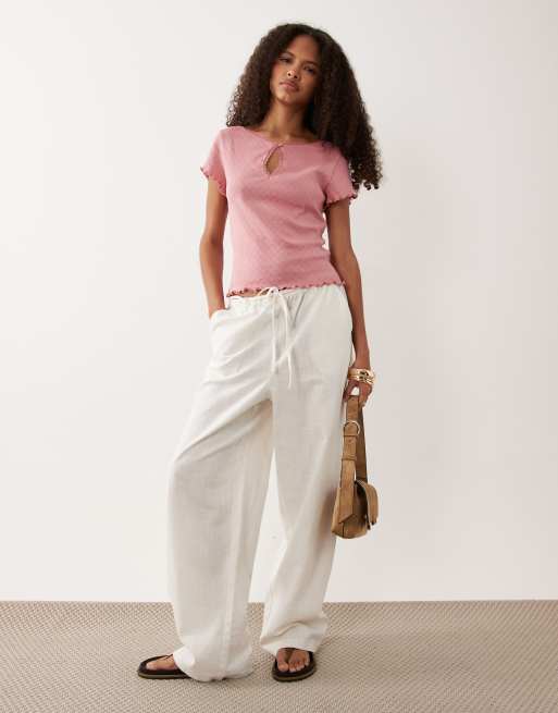 Miss Selfridge kurzärmliges Pointelle-Top mit Schlüssellochausschnitt in Pink, 4 von 4