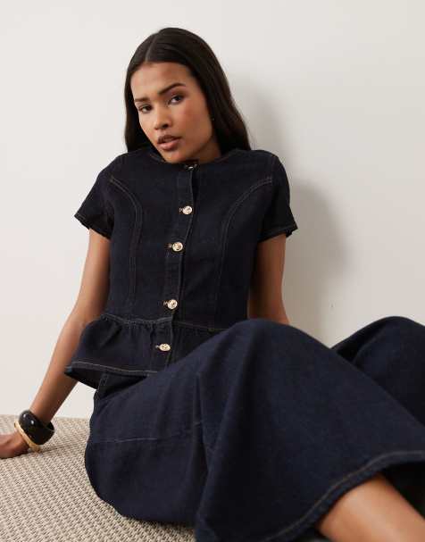 Miss Selfridge – Kurzärmliges Schößchenoberteil aus Denim in Indigoblau, Kombiteil - view 1