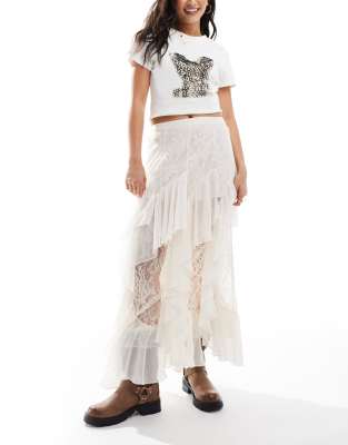 lace and chiffon mix maxi skirt in ivory-White