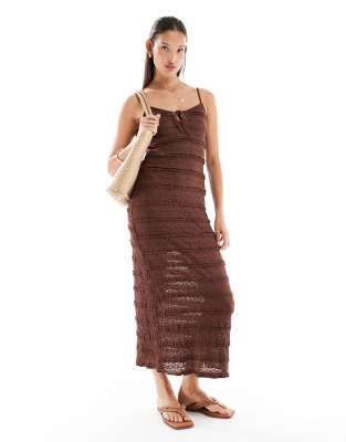 lace and ruffle detail midi dress in chocolate-Brown
