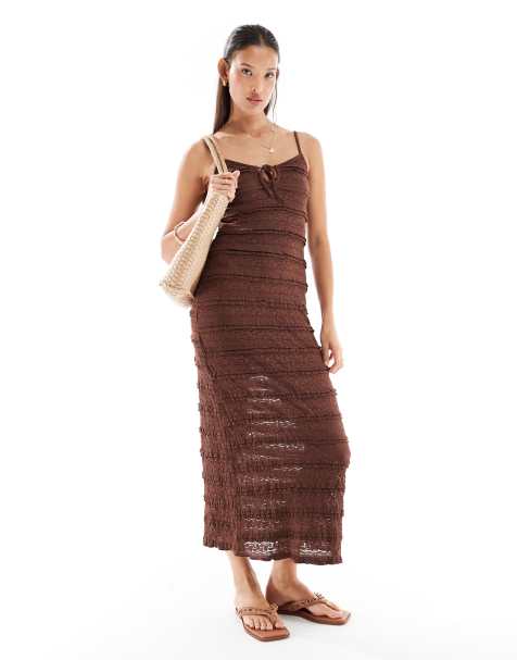 Miss Selfridge lace and ruffle detail midi dress in chocolate - view 1
