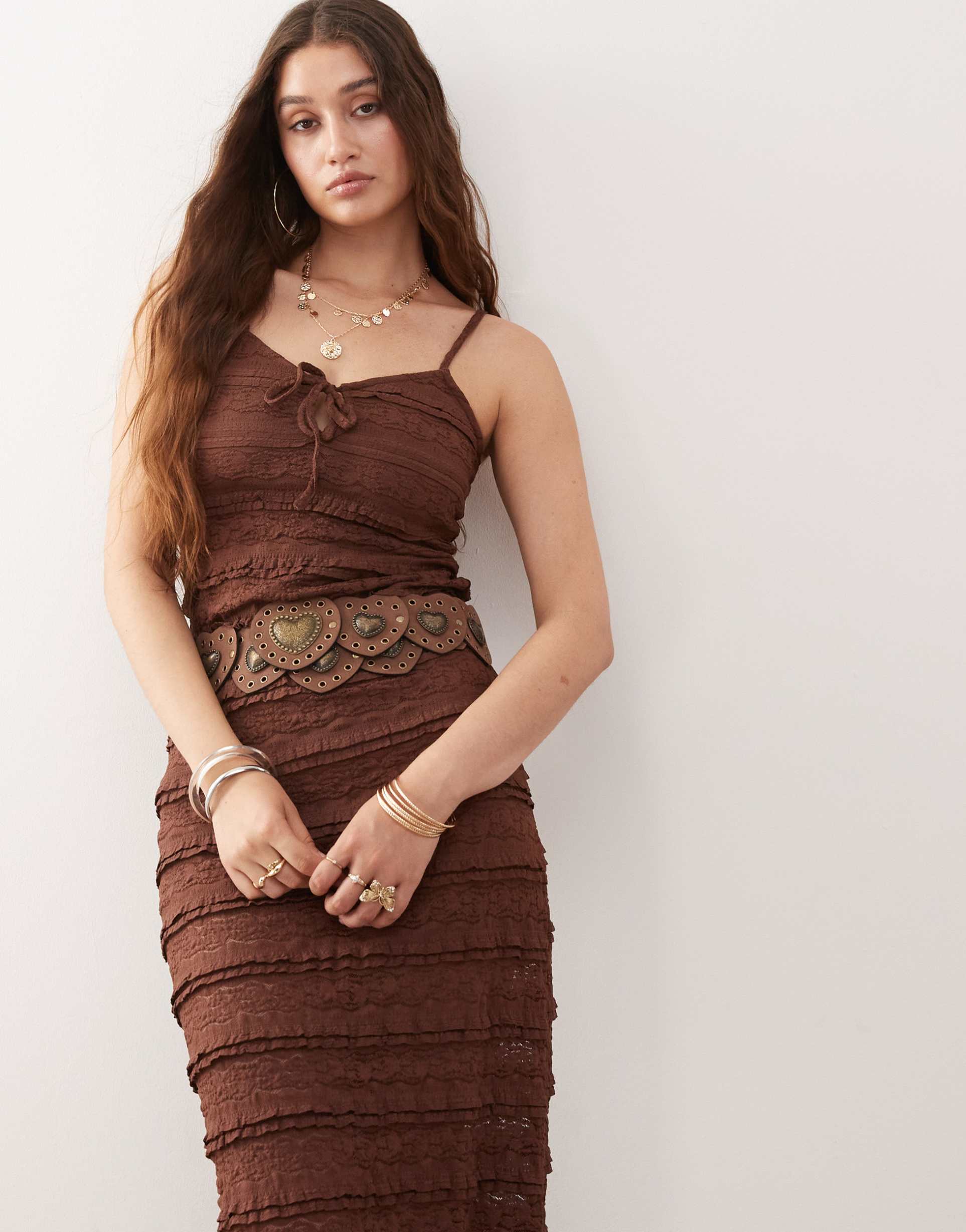 miss selfridge lace and ruffle detail midi dress in chocolate