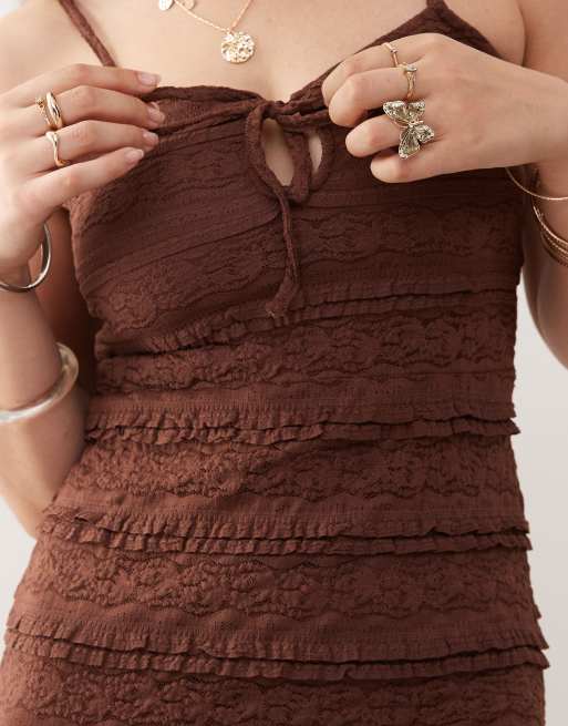 Miss Selfridge lace and ruffle detail midi dress in chocolate, 3 of 4