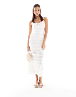 lace and ruffle detail midi dress in ivory-White