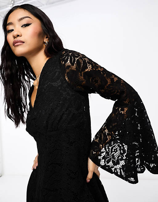 Miss Selfridge lace babydoll flared sleeve mini dress in black | ASOS