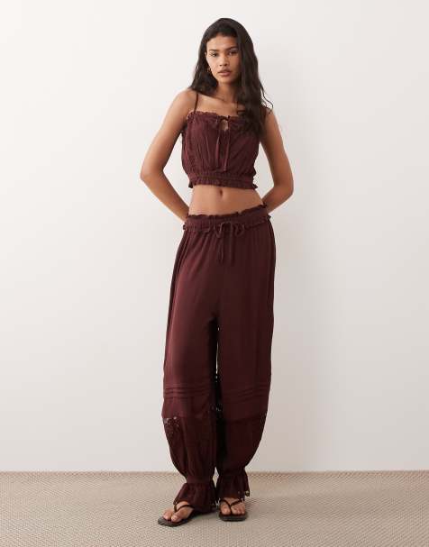 Miss Selfridge lace balloon trouser co-ord in brown - view 1