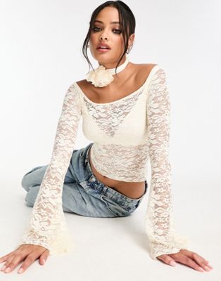 Miss Selfridge Lace Bardot Long Sleeve Top With Corsage Detail In Cream-white