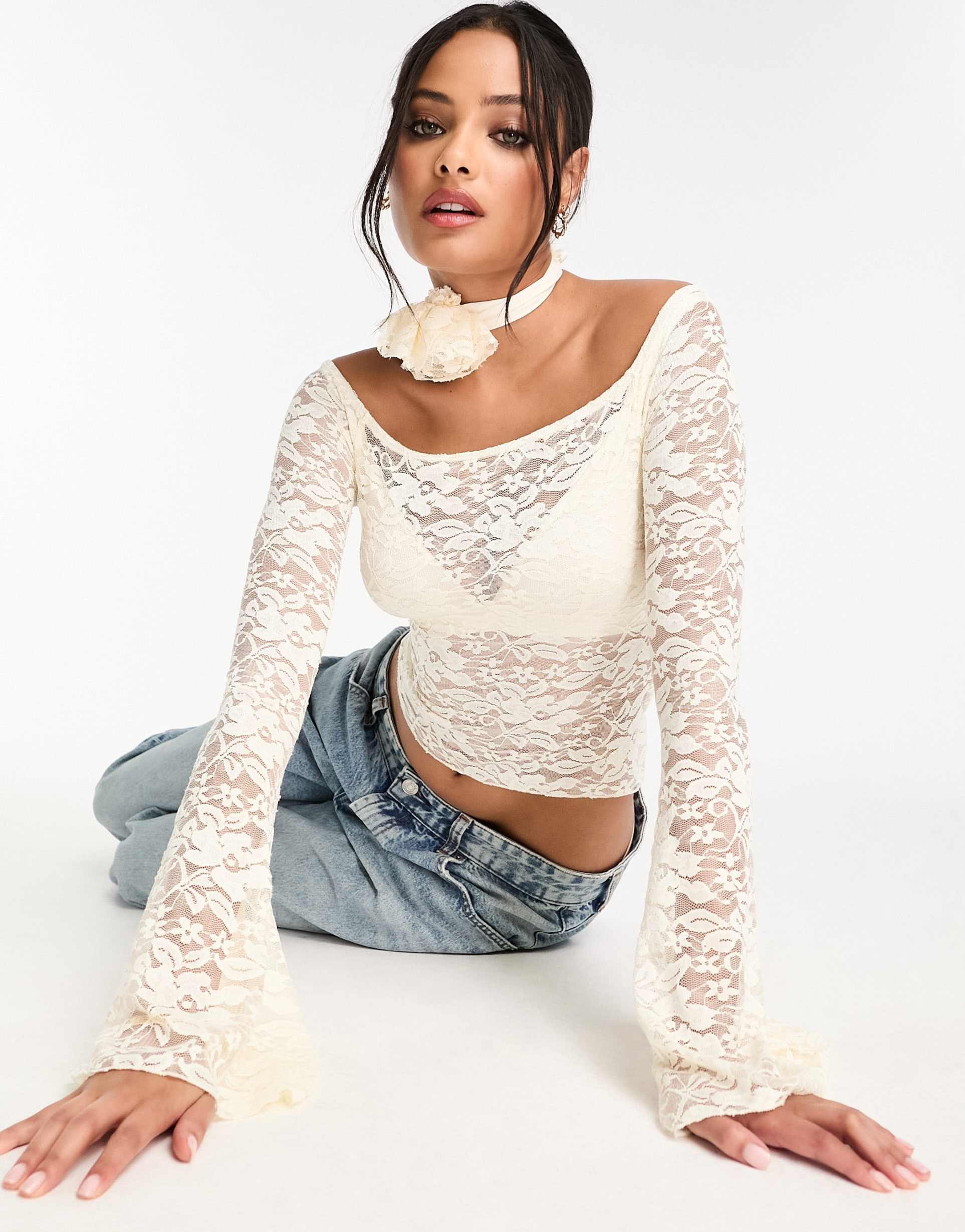 miss selfridge lace bardot long sleeve top with corsage detail in cream