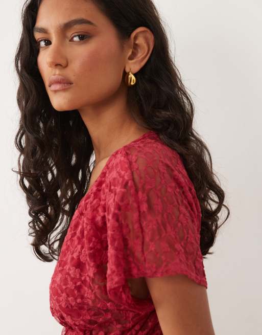 Miss Selfridge lace batwing sleeve top with gathered waist in pink, 3 of 4