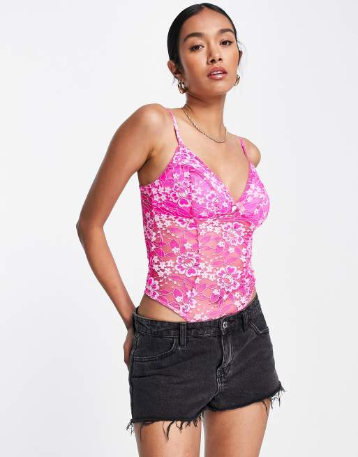 Miss Selfridge lace bodysuit in pink