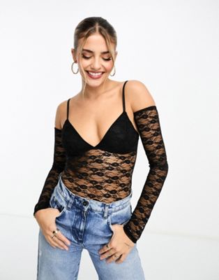 Miss Selfridge lace bodysuit with detachable sleeves in black - ASOS Price Checker