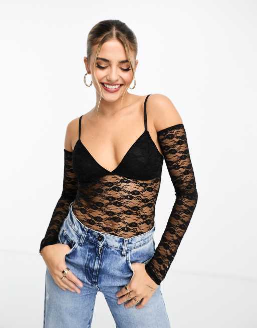 NaaNaa lace long sleeve bodysuit with cut out detail in black