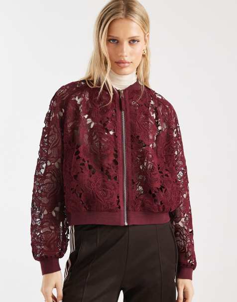 Miss Selfridge lace bomber jacket in cherry red
