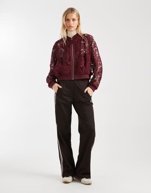 Miss Selfridge lace bomber jacket in cherry red, 3 of 4