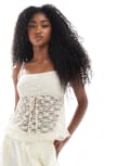 [Miss Selfridge] Miss Selfridge lace bow detail peplum cami top in light beige-Neutral L Light Beige
