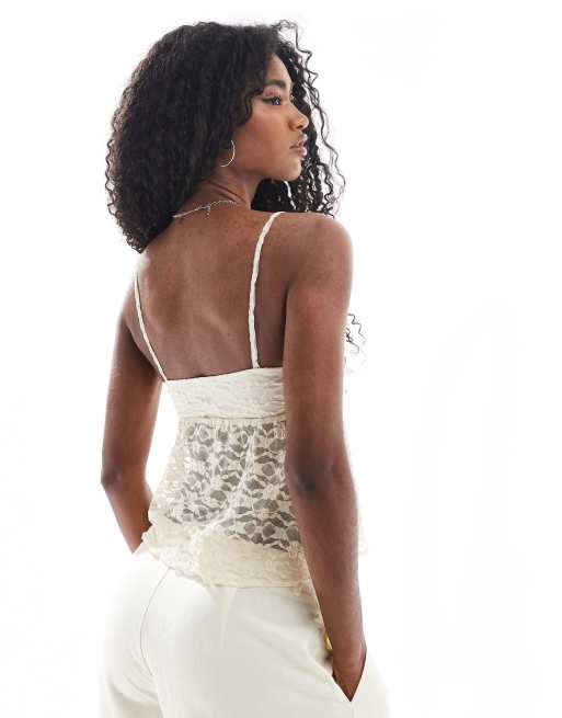 Miss Selfridge lace bow detail peplum cami top in light beige, 3 of 4