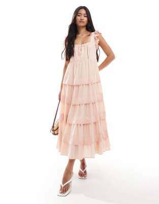 Miss Selfridge lace broderie trim babydoll maxi dress in peach - view 1