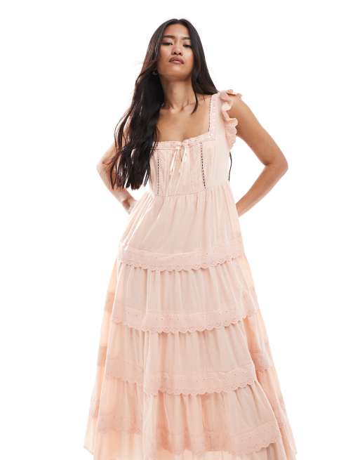 Miss Selfridge lace broderie trim babydoll maxi dress in peach