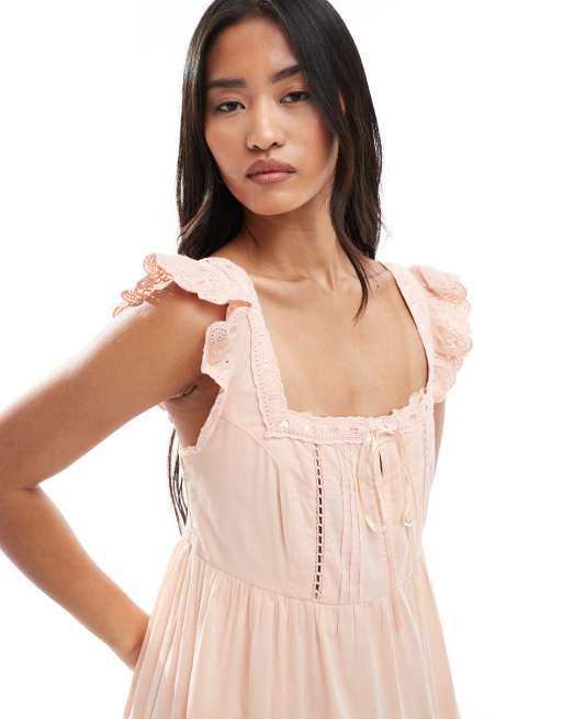 Miss Selfridge lace broderie trim babydoll maxi dress in peach