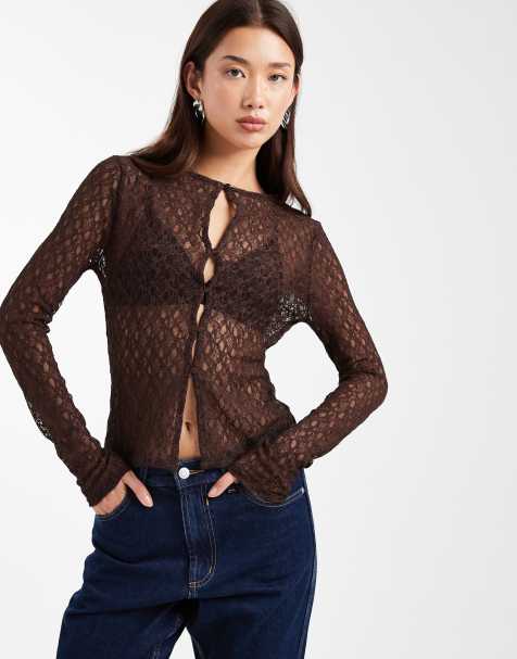 Miss Selfridge lace button through shirt in chocolate - view 1