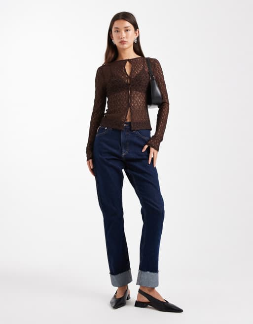 Miss Selfridge lace button through shirt in chocolate, 3 of 4