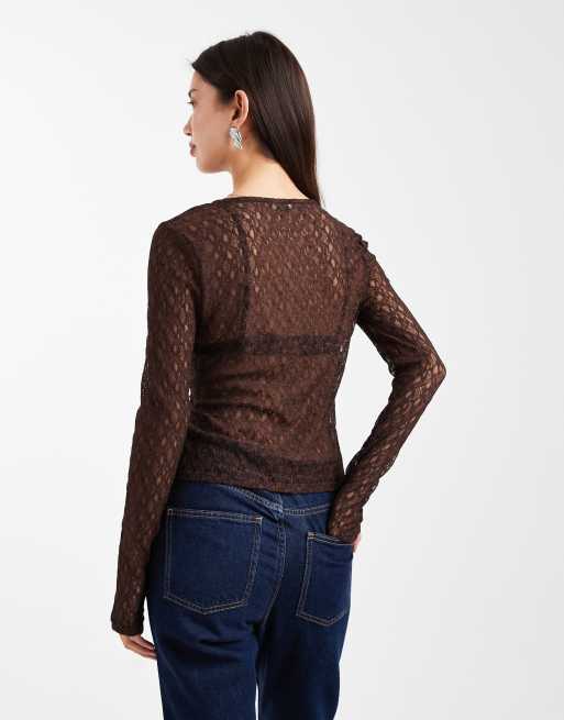 Miss Selfridge lace button through shirt in chocolate, 4 of 4