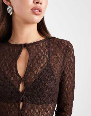 Miss Selfridge Lace Button Up Shirt In Brown