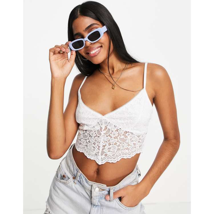 Miss Selfridge lace trim crop cami in cream