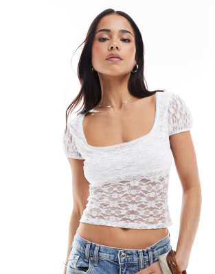 Miss Selfridge Lace Cap Sleeve Bow Detail Top-multi