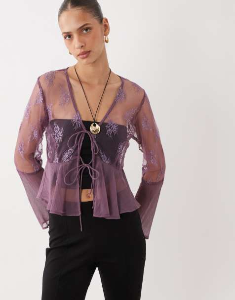 Miss Selfridge lace chiffon mix ruffle tie front blouse in grape - view 1